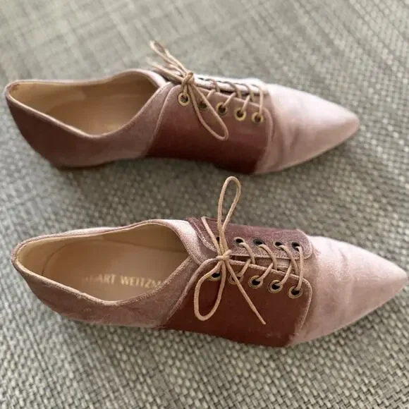Stuart Weitzman Cello Velvet Lace Up Pointed Toe Oxford Flat Soft Petal Pink 9 - Picture 4 of 7